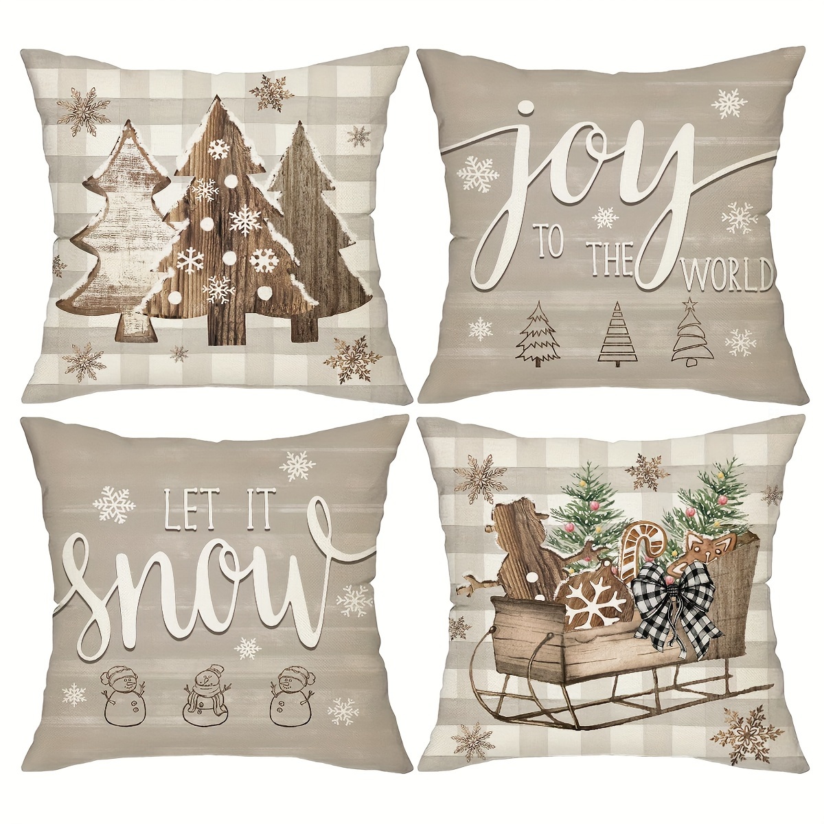 TEMU Set Of 4 Farmhouse-style Christmas Pillow Covers Featuring Snowflakes And , Measuring 18x18 Inches. Perfect For Decor In Your Home, Suitable For