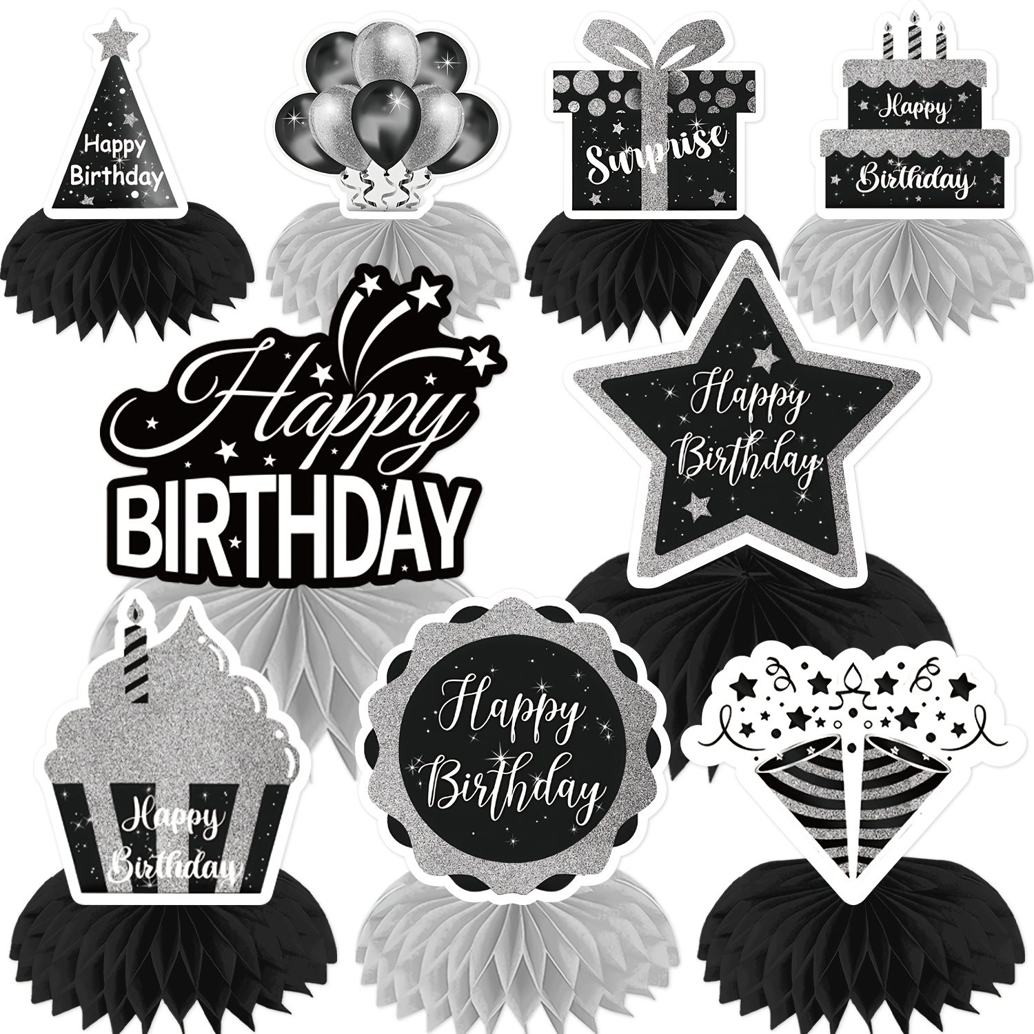 Image of 9pcs, Paper Black Theme Birthday Party Honeycomb Centerpiece Decorations, Black Theme Birthday Party Honeycomb Ball Table Ornament Decorations For Birthday Party Decoration Supplies