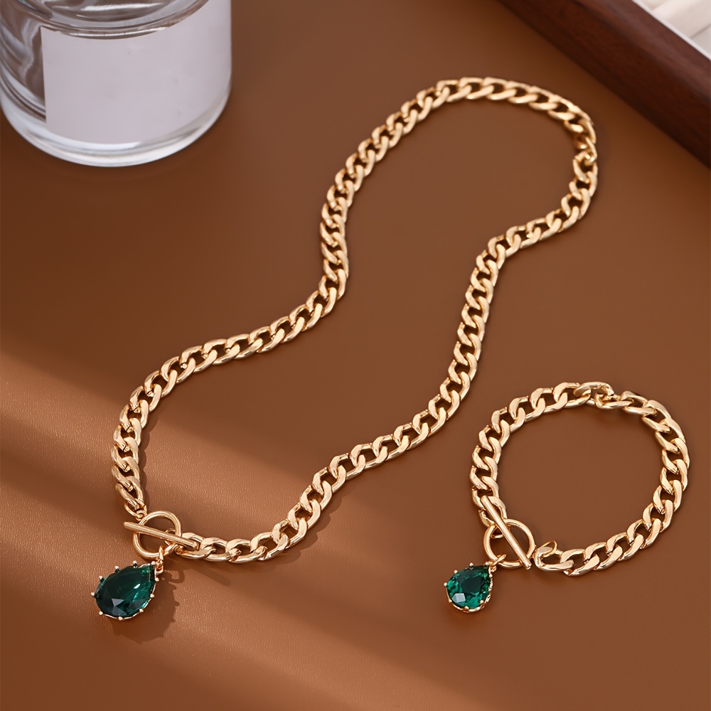 St. Patrick's Day Cuban Chain Bracelet & Necklace Set with Green Pendant