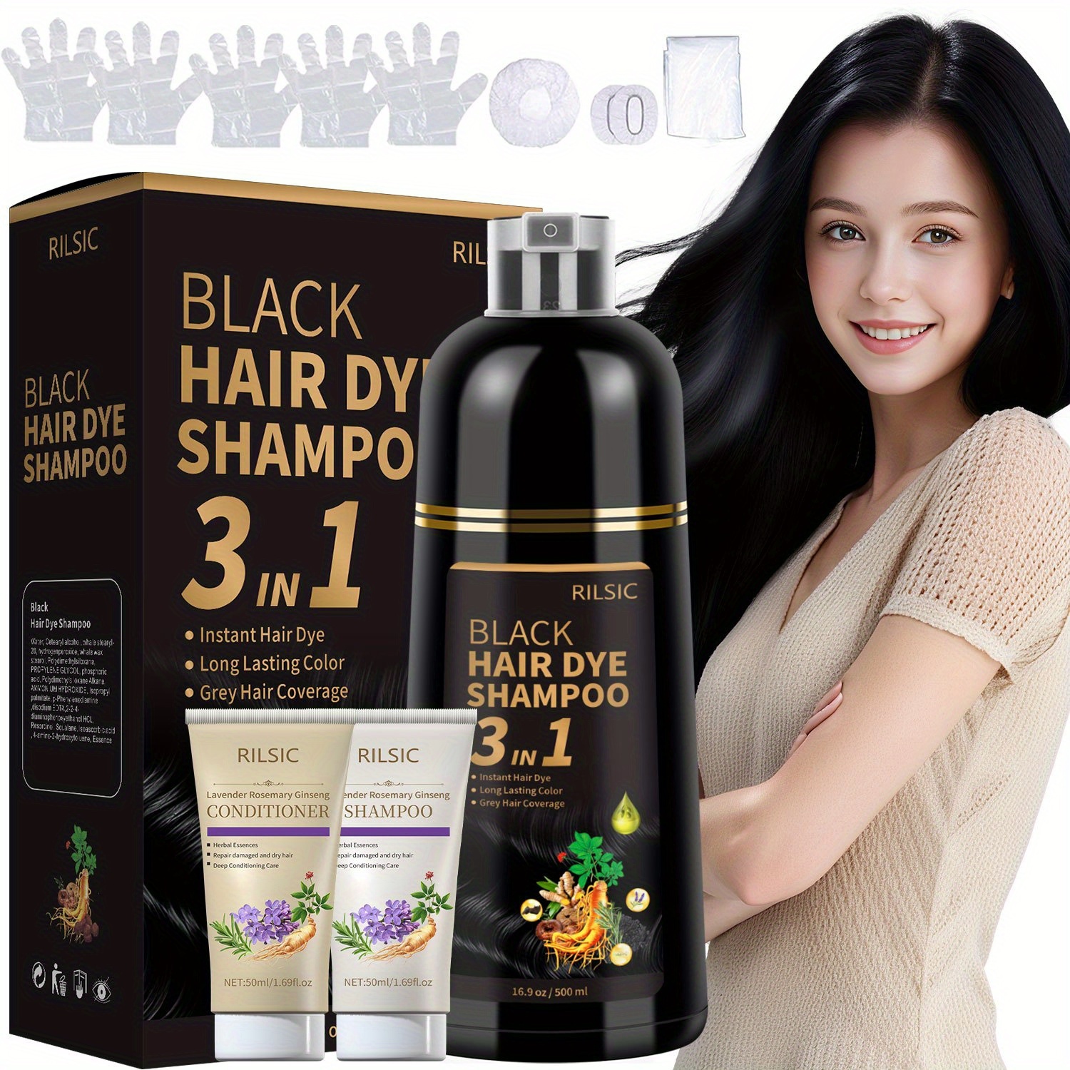 TEMU Rilsic 1 Set Hair Dye Shampoo For Gray Hair 3in 1, Natural Hair Color Shampoo For Women Men, , 100% Coverage Long Lasting Hair Dye Safe And