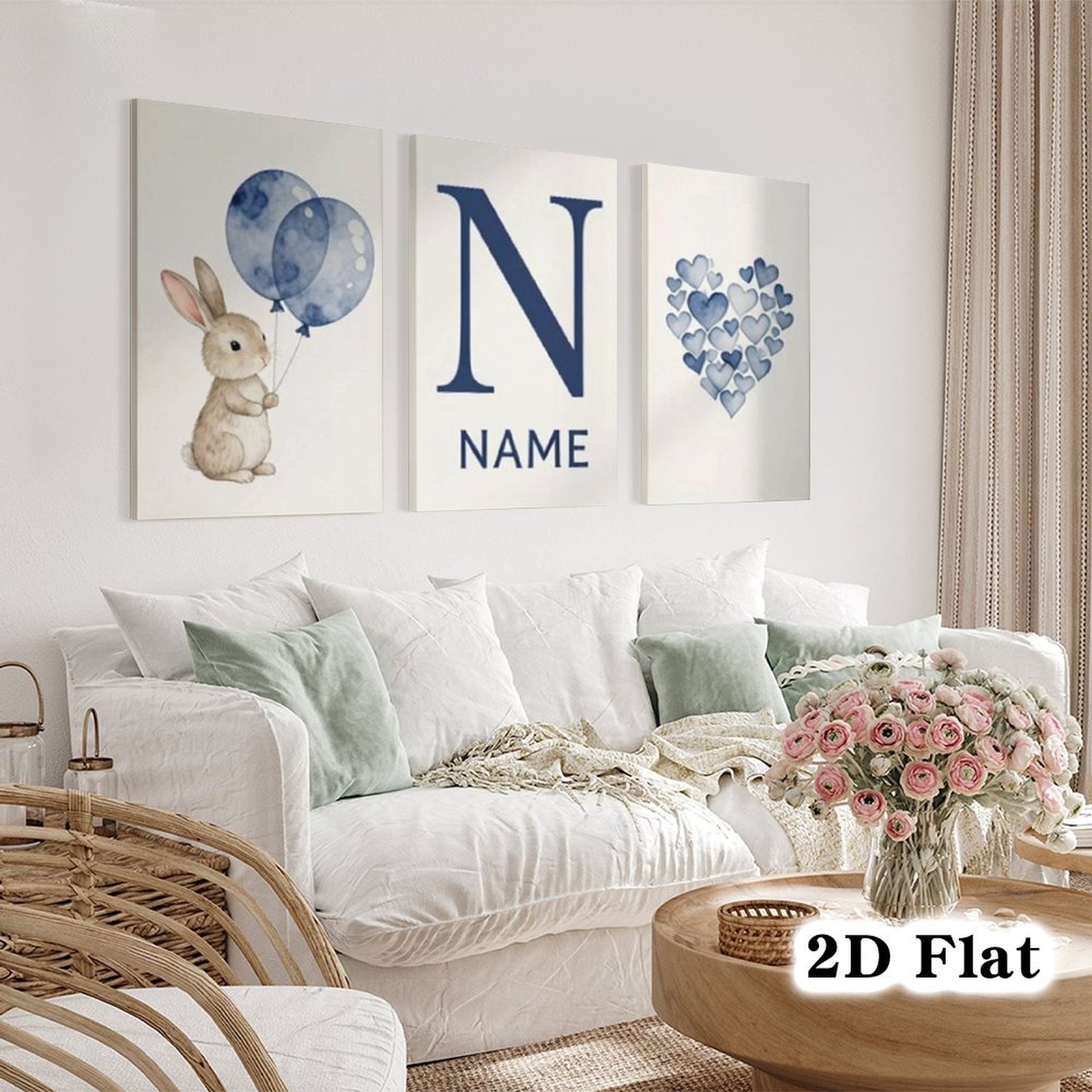Personalized 3pcs Set Customizable Canvas Poster, Cute Rabbit Art