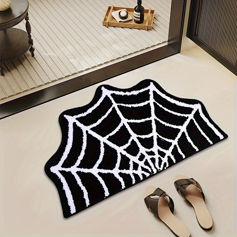 

Halloween Spider Web Bath Rug - Non-slip, Absorbent, Soft Plush Knit Fabric, Polyester Pvc Backing, Semi-circular, Fluffy Print Bath Mat For Bathroom, Kitchen, Home Decoration - 1 Pc