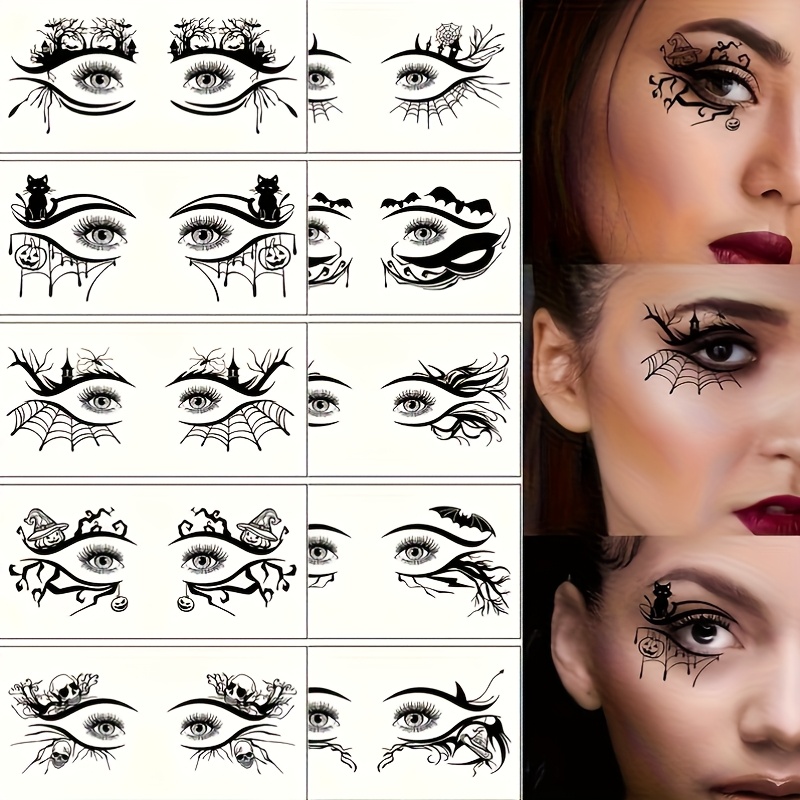 Image of 10 Sheets Halloween Eye Tattoo Stickers, Pumpkin Cat Bat Web Designs, Festive Party Makeup Temporary Tattoo Stickers