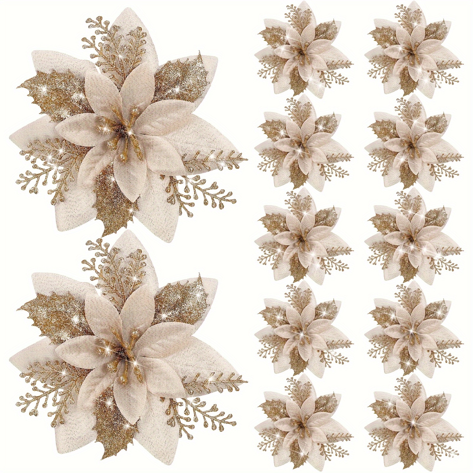 Image of Set Of 8 Sparkling Poinsettia Flowers, Each Measuring 14cm/5.5 Inches, Perfect For Decorating Christmas Trees, Wedding Parties, And Wreaths