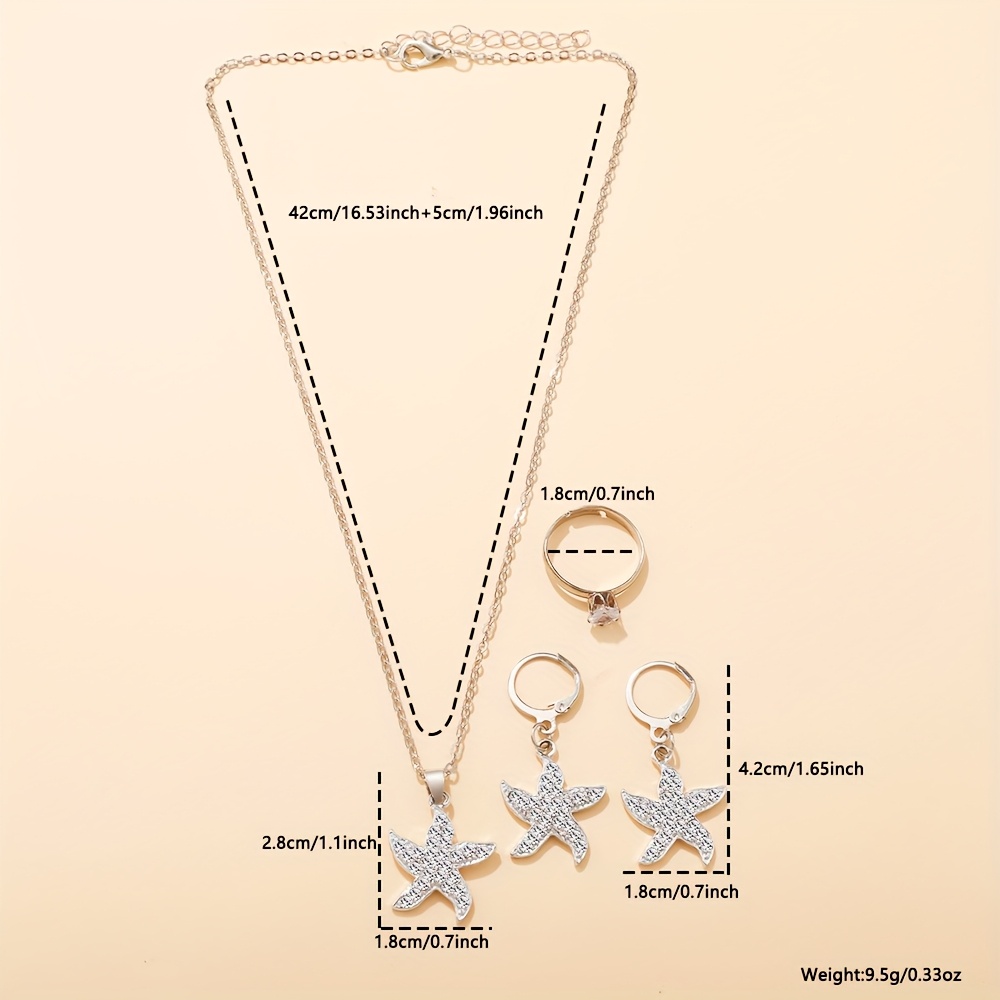 4pc Elegant Starfish Pendant Necklace Earrings Ring Set