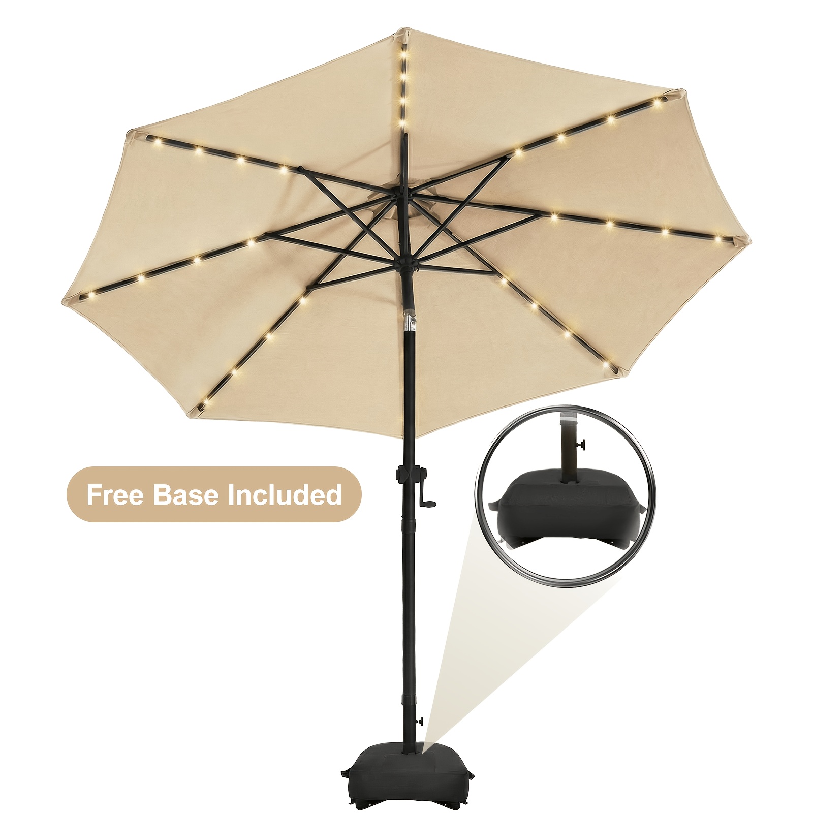 Solar 9ft Market Umbrella with Base, Deluxe 32 LED Lighted Patio Umbrella, Patio Umbrellas Outdoor Table Umbrella with Ventilation, Solar Umbrella with Push Button Tilt/Crank for Garden, Deck, Backyard, And Pool