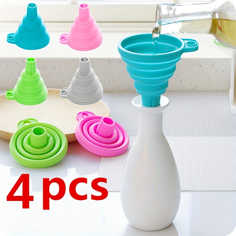4 piece foldable silicone funnels     in mixed colors of blue green and pink made of flexible and foldable silicone material space saving for storage   a practical liquid transfer tool for kitchen use easy to clean and quick