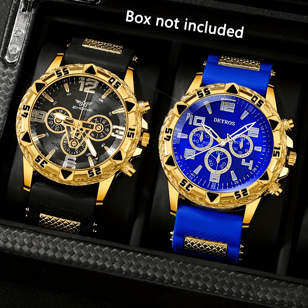 TEMU 2pcs Men's Luxury Watches | Golden/tone Dial, Quartz Movement, Non-water Resistant, Alloy Case, Silica Gel Strap - Ideal For Business, Sports,