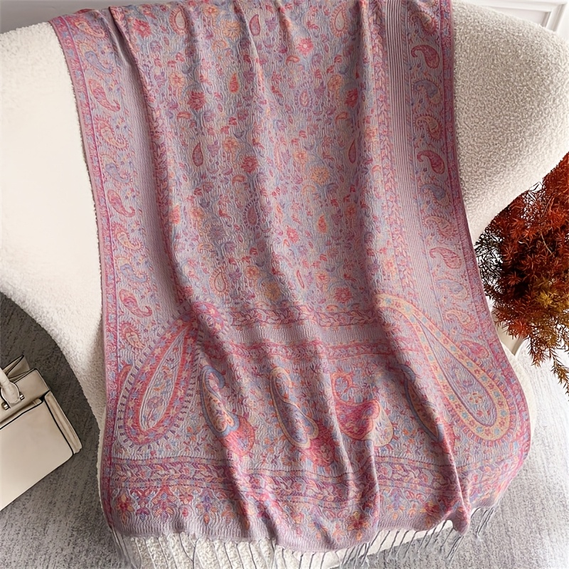 TEMU 1pc ' Bohemian Vintage Paisley Shawl Scarf - Blue Fringe & Pale Pink With Paisley Patterns, Thick Warm Winter Scarves Suitable For Outdoors,