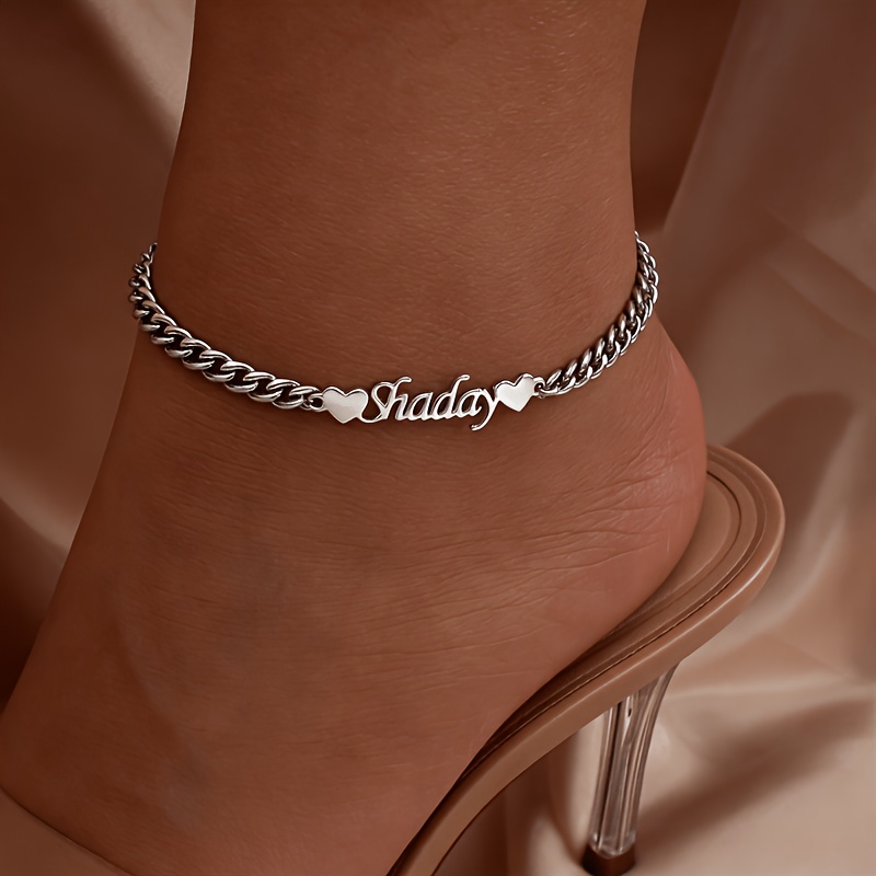 Image of Custom Minimalist Letter Personalized 5nk Chain, Stainless Steel Inlaid With Heart Pattern Adjustable Anklet, Suitable For Women To Wear, Mother's Day Valentine's Day Gift