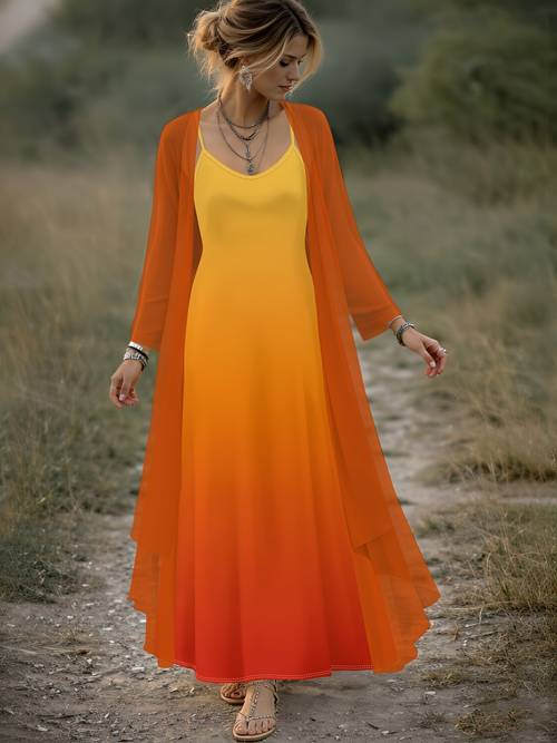 item picture printed design ombre gradient yellow to style womens dress set