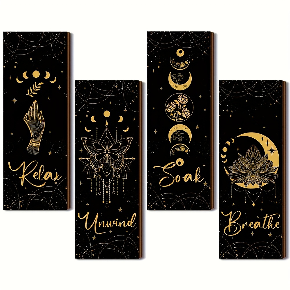 4pcs Boho Chic Wooden Wall Art Decor - Phases, Zen , Theme - Style For Bathroom, Bedroom, Home Office - Ideal For Meditation, Parties, Boho