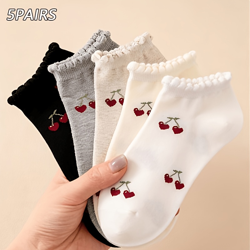 TEMU 5 Pairs Of Short Socks - Women's Lace Cherry Socks, Cute Spring And Summer Style, Suitable For Casual Attire, Parties, Dates, And Holiday Gifts,