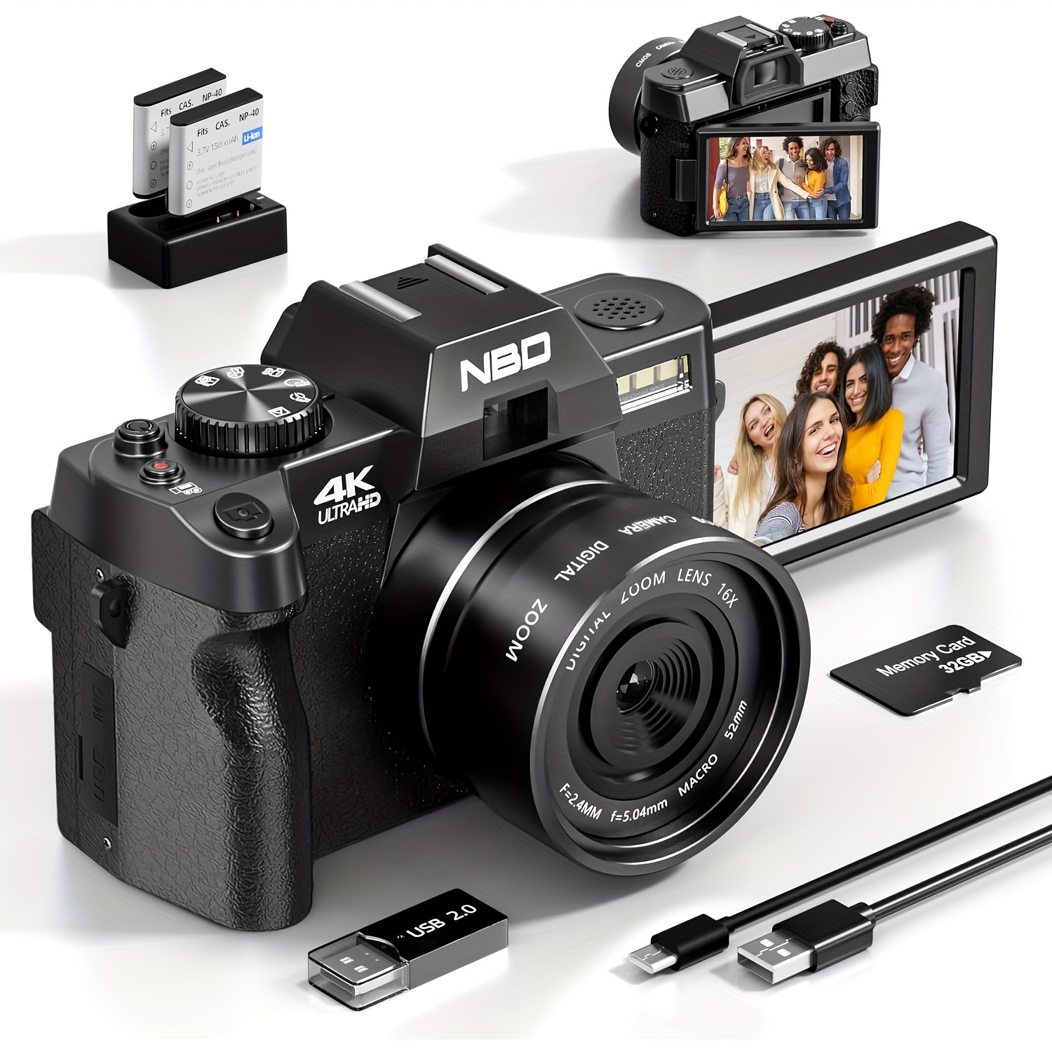 

Nbd Digital Camera 48mp/60fps Video Camera For Vlogging, Wifi & App Control Vlogging Camera, Small Camera With 32gb Tf Card, Black