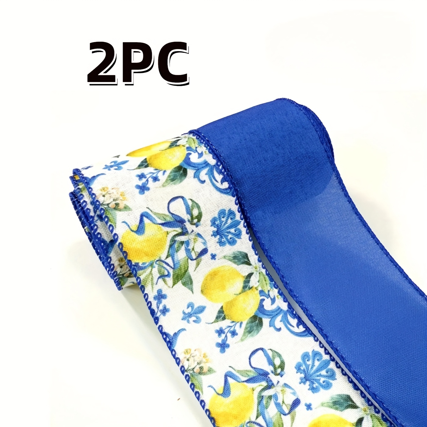 TEMU 2 Rolls Lemon Wired Edge Ribbon - Blue Tile Lemon Floral Craft Ribbon With Stitched Edges, Durable Polyester For Summer Baby Shower, Birthday