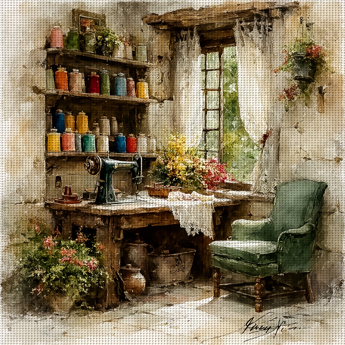 TEMU Retro Desk, Sewing Machine, And Sofa Design Printed 30x30cm/11.8x11.8in/40x40cm/15.7x15.7in Cross- Kit. Handmade Kit With Random Colored Thread