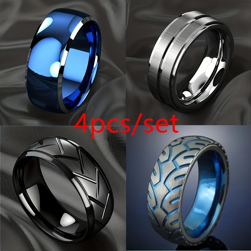 

4 Pieces/set Of Blue And Black Stainless Steel Tire Pattern Men's Rings - Brushed Engagement And Wedding Rings, Hypoallergenic, Timeless Style Jewelry