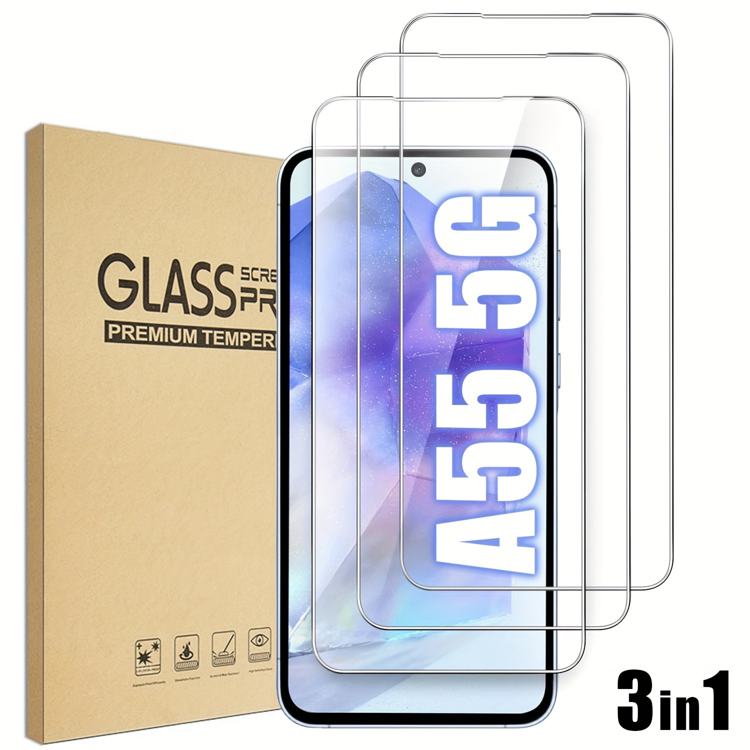 

Protecteur d'écran en verre trempé 3-Pack pour Samsung A55 5G, 9H, , HD , anti-rayures, prise en charge du déverrouillage par digitale