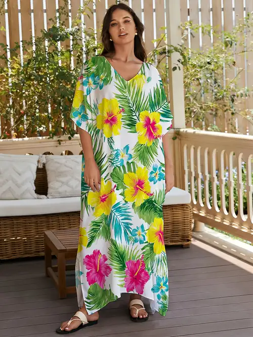 V-Neck Beach Side-Slit Long Dress, Vibrant Hawaiian Floral Tropical Festive Style * Style, Loose Fit, Plus Size, Multicolor Pattern, Ideal for Beach Vacation And Holiday Gifting - Side-Slit Plus Size ... V-Neck Beach Side-Slit Long Dress, Vibrant Hawaiian Floral Tropical Festive Style * Style, Loose Fit, Plus Size, Multicolor Pattern, Ideal for Beach Vacation And Holiday Gifting - Side-Slit Plus Size ...