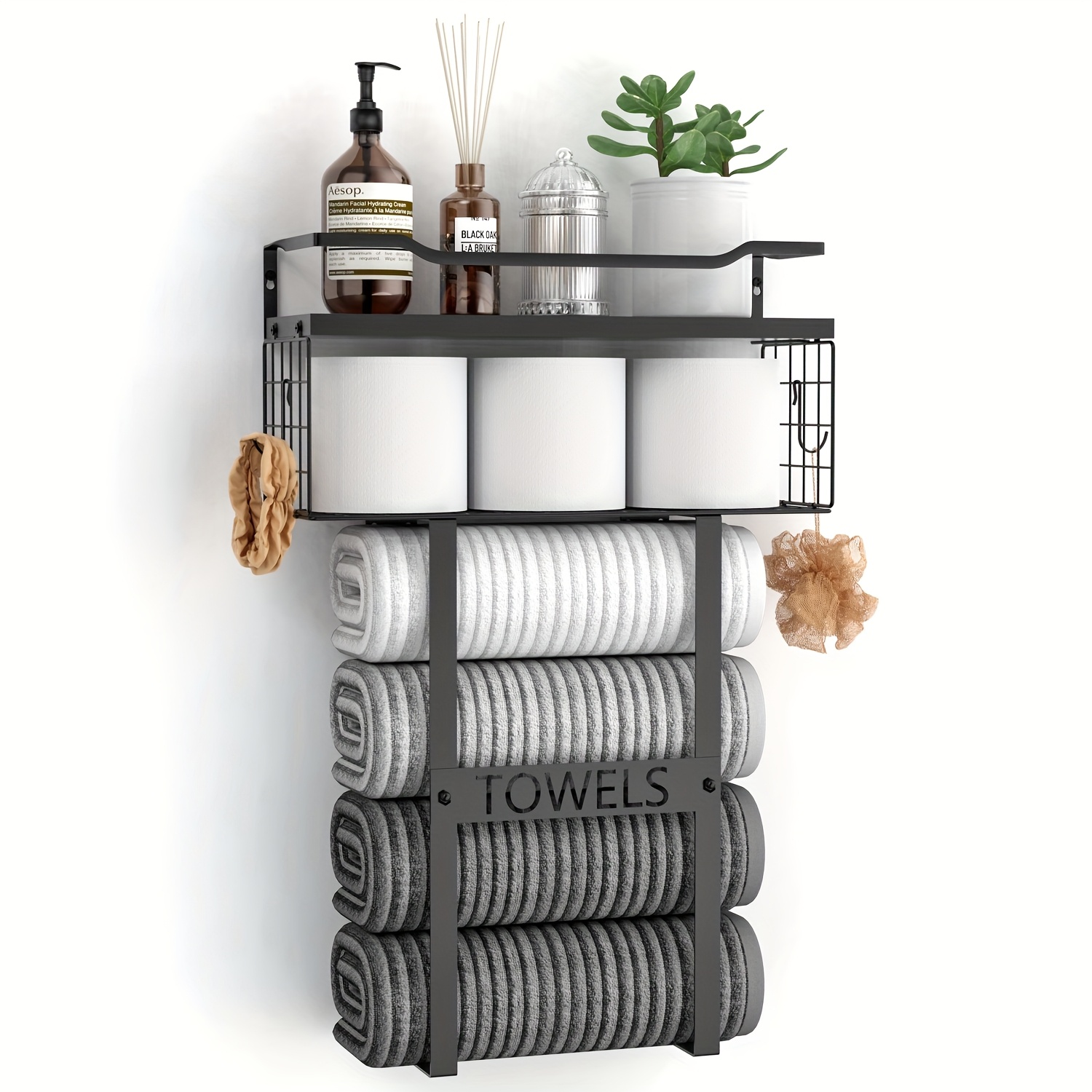 TEMU Wall Mounted Towel Rack For Bathroom - Bath Storage Holder Set Above Toilet, Rolled Towel Shelf Organizer, Wood Vertical Rack For Small Bathroom