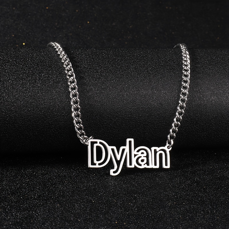 TEMU Custom Stainless Steel Name Necklace - Hip-hop Cuban Link Chain With Hollow Font Engraving - Punk & Minimalist Style Jewelry - Personalized Gift