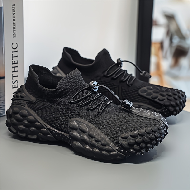 Sand-colored Knitted Mesh Outdoor Shoes with Particle Detailing, Low-Top Thick-Soled Dad Sneakers, Slip-On with Drawstring, Casual Breathable Athletic Running Shoes, Plus Size Men's Shoes