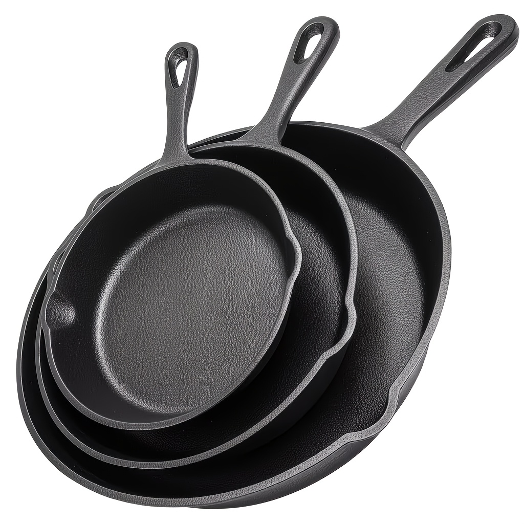 item picture 3pcs Bare Cast Iron Skillet Set (6/8/10) Inch, High Temperature Resistant, Easy to Color, Suitable for Stir-frying, Non-stick Surface, Oven, Grill and Camping Safe, Even Heating, Perfect for Steaks, Tortillas, Baking, Kitchen Essential Cookware