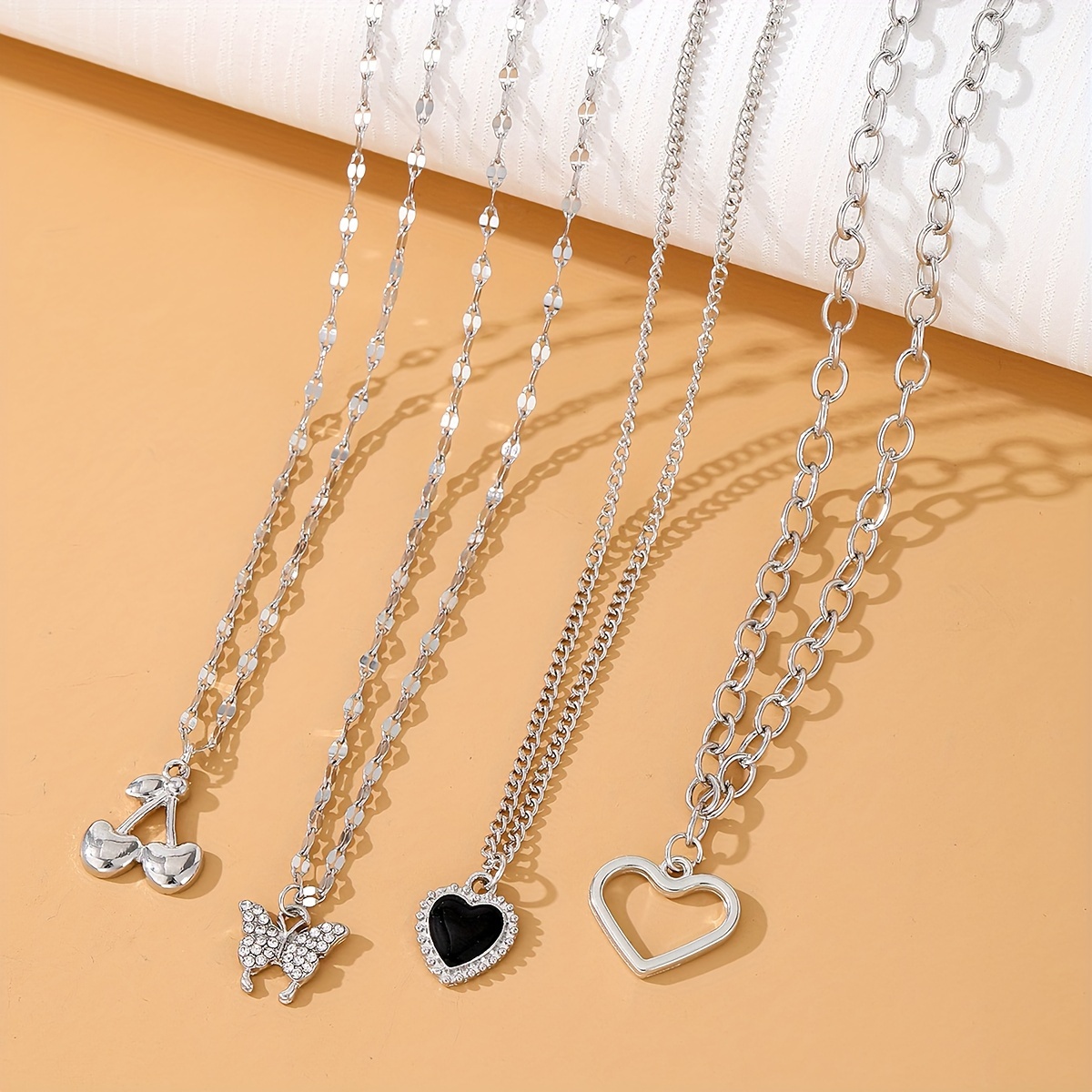 4pcs Elegant Shiny Rhinestone Butterfly Heart Pendant Necklace Set, Stylish Silvery Cherry Multi-Layer Layered Necklaces for Women, Trendy Daily Party Accessories