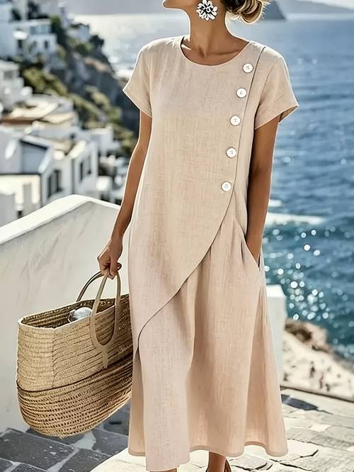 elegant womens vacation dress round neck short sleeve long dress lightweight and breathable suitable for home casual wear and multiple occasions summer commuter dress