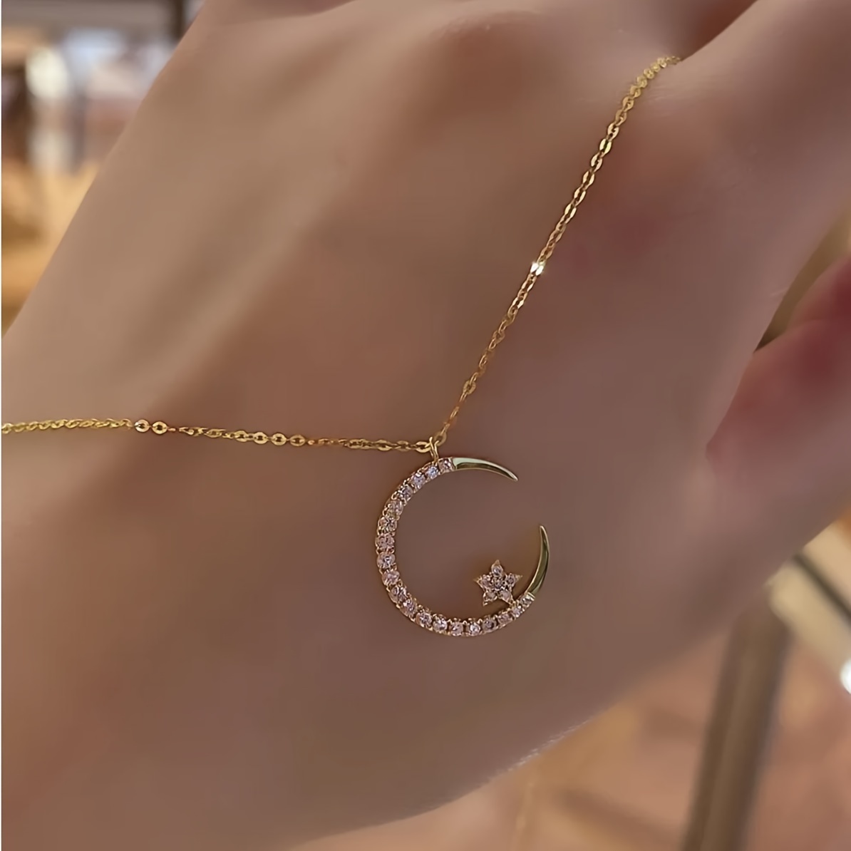 

Star Moon Exquisite Zirconia Ramadan Pendant Necklace, Minimalist Elegant Cute And Versatile Daily Wear Clavicle Chain Jewelry