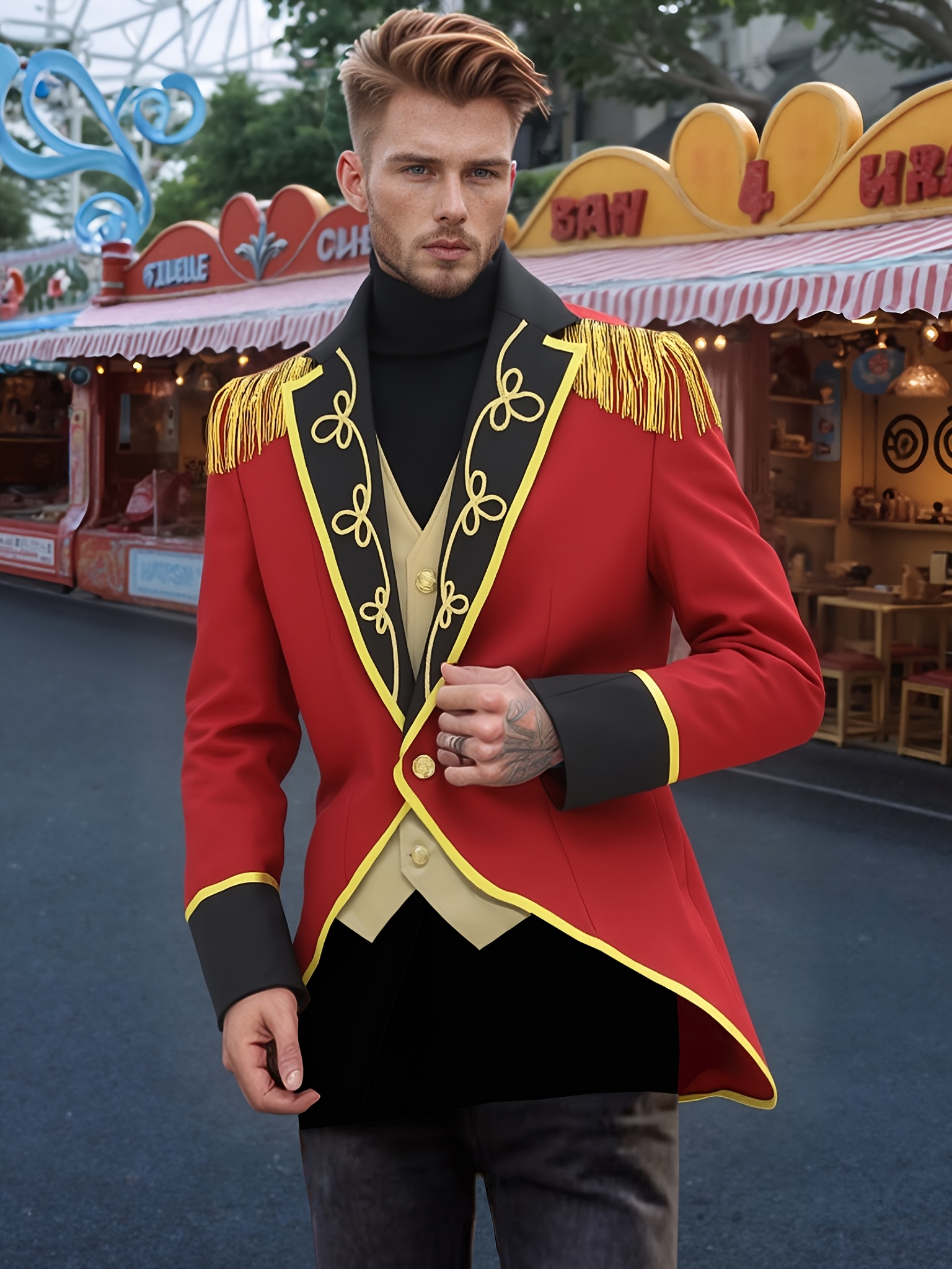 Vintage-Inspired Red Black Embroidered Jacket for Men Deep V Neck, Long  Sleeves, No Belt, Historical Costume with Golden Accents Renaissance