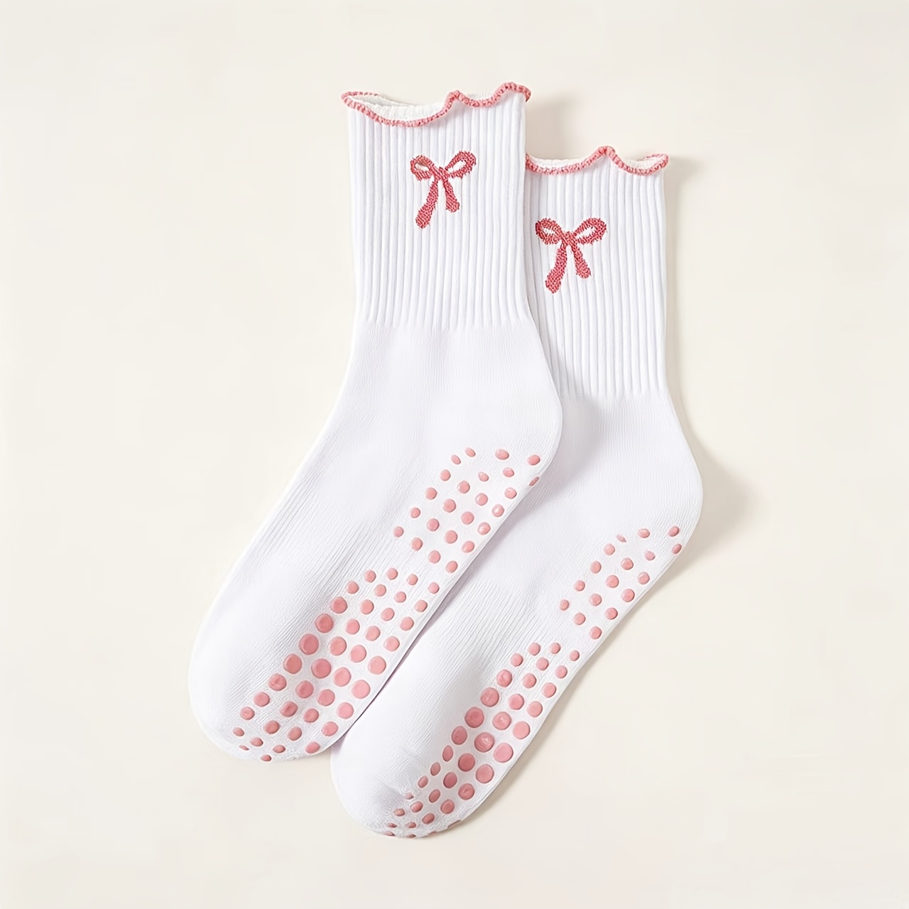 TEMU 1 Paar Dames Bow Geplooide Halverwege de Kuit Yoga Sokken, Silicone Anti-Slip Pilates Sokken, Ademende Comfortabele Thuis Indoor Sokken