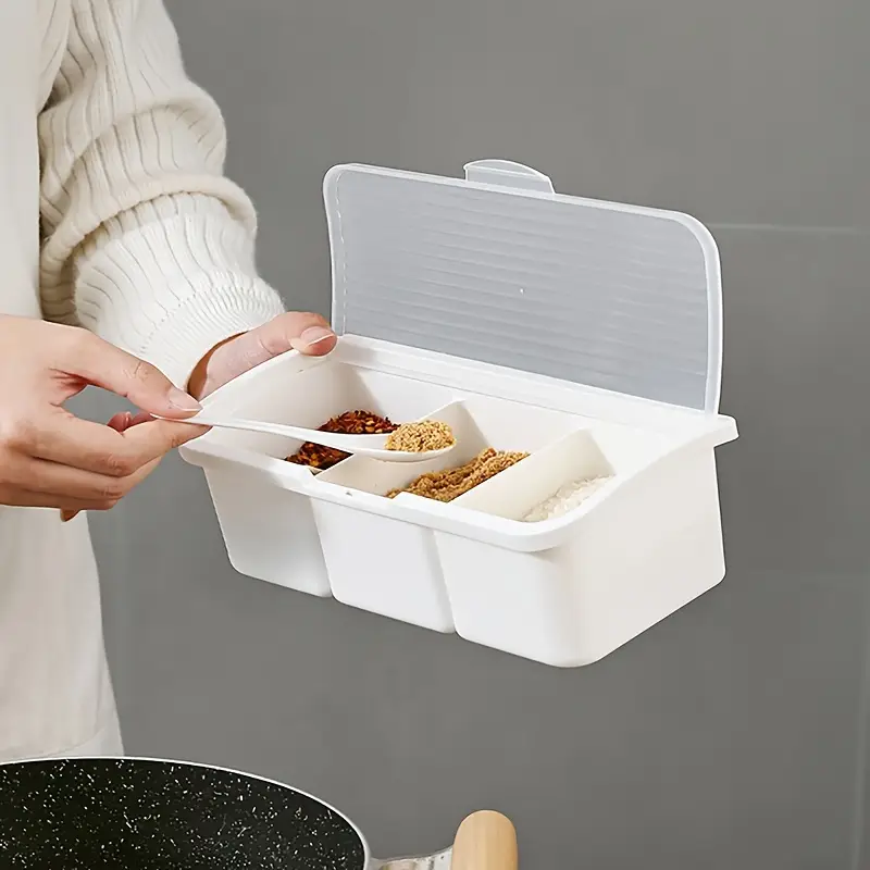 1pc three compartment condiment container with spoon plastic seasoning storage box with lid multi grid spice jars jar holders organizer set Product details 1