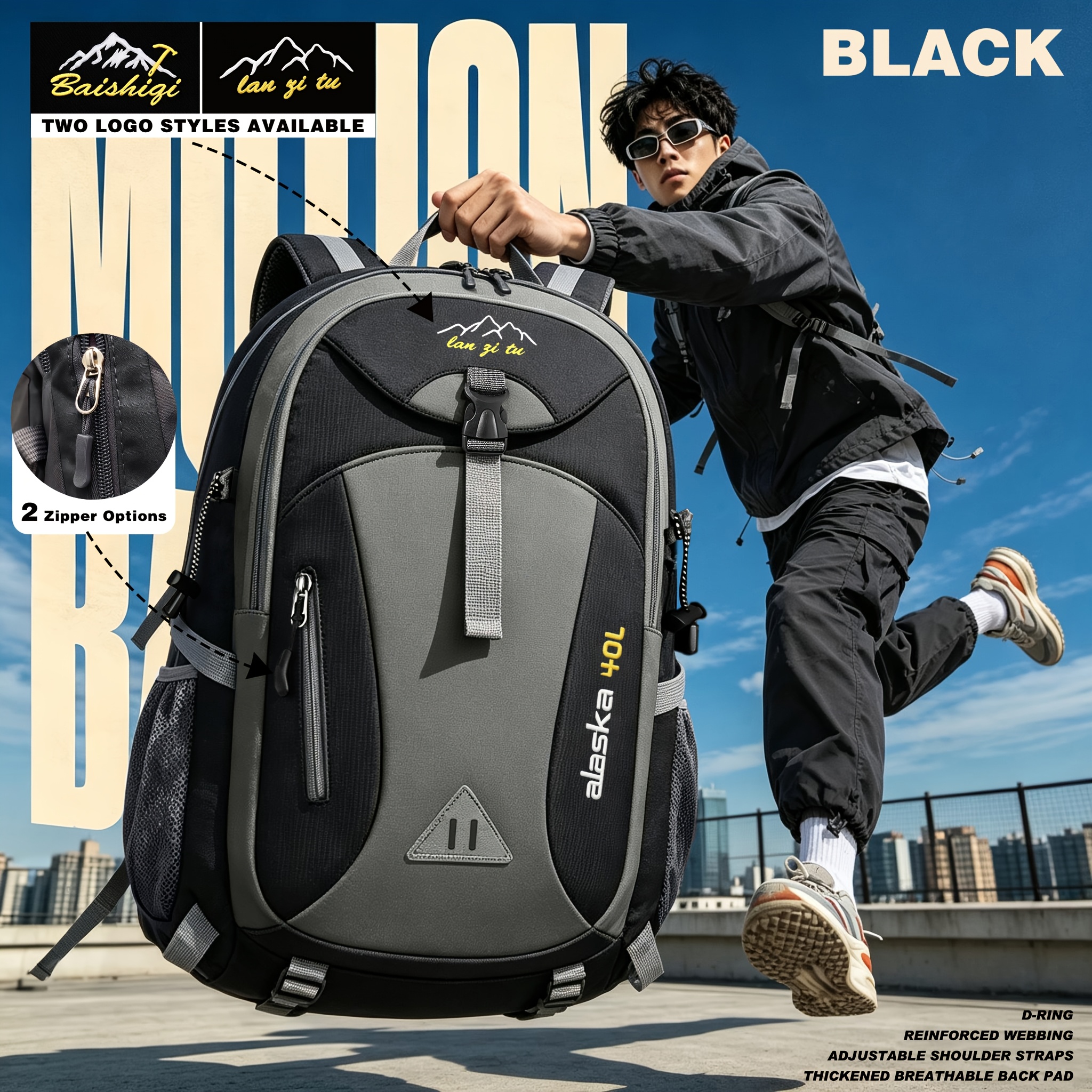 TEMU 40l Outdoor Hiking Backpack, Thickened Nylon, Breathable & Pressure-, Wear-resistant Sports Version, Multifunctional Large-capacity Rucksack For