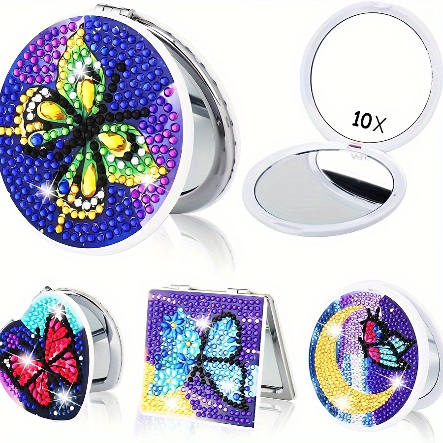 

4pcs Set Of Sparkling Diamond Art Compact Mirrors - Diy Designs On Leather, Portable & Foldable With Magnifying , Ideal For Women's Purses, Purse Mirror