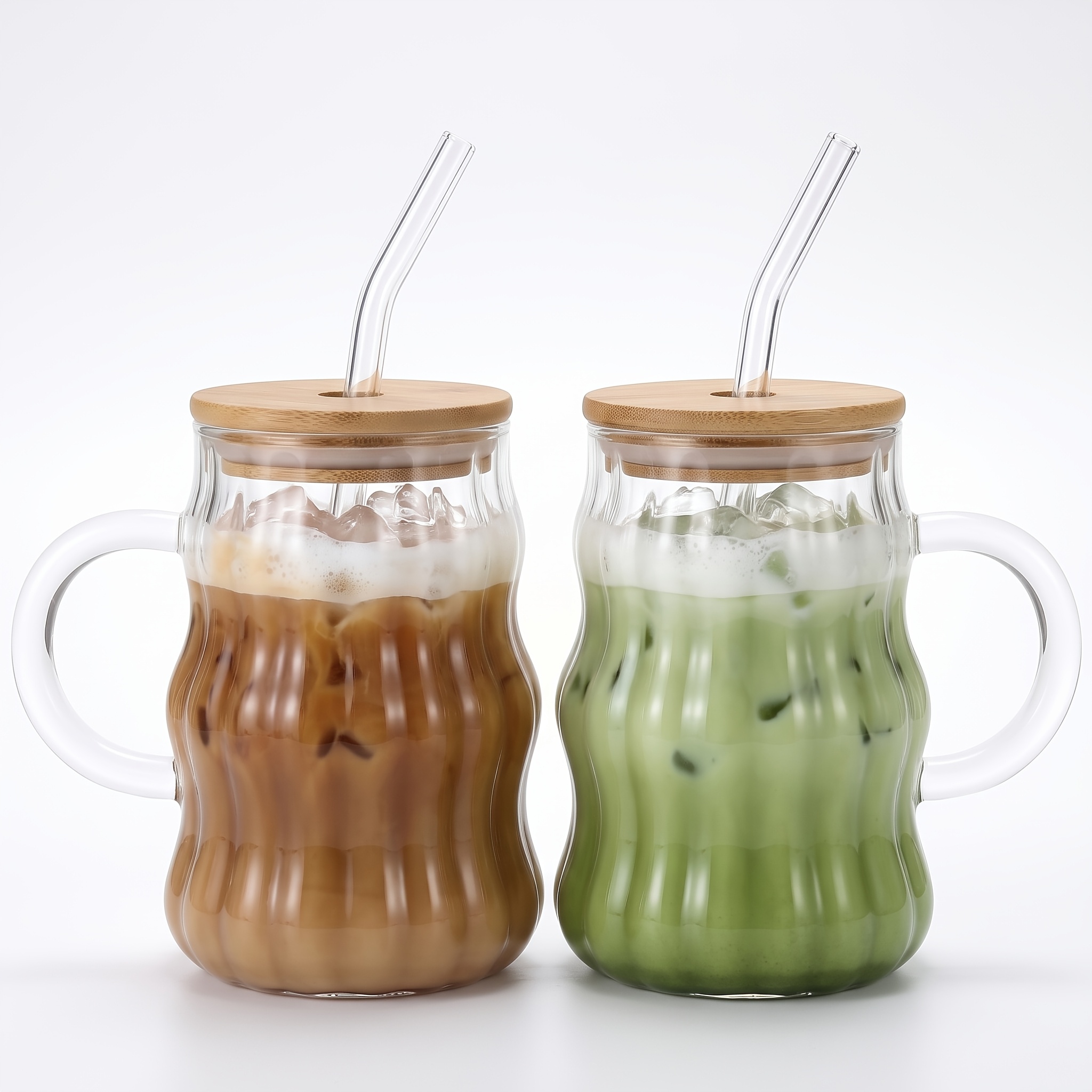 TEMU 2/4/6pcs Set 500ml High- Silicon Glass Coffee Cup With Lid And Straw, Wavy Retro Drinking Cup, Matcha Cup, Transparent Aesthetic Glassware,