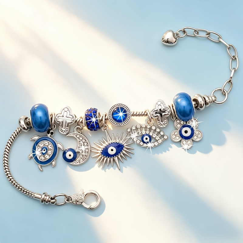 TEMU New Guardian Blessing Fortune Evil Eye Themed Adjustable Women's Bracelet, Featuring Starry, Sun Evil Eye, Crown Eye, And Turtle-shaped Charms,