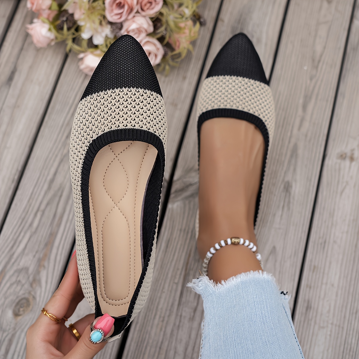 TEMU Nouvelles chaussures à bout pointu tricotées respirantes à color-block, style navetteur , chaussures pour femme