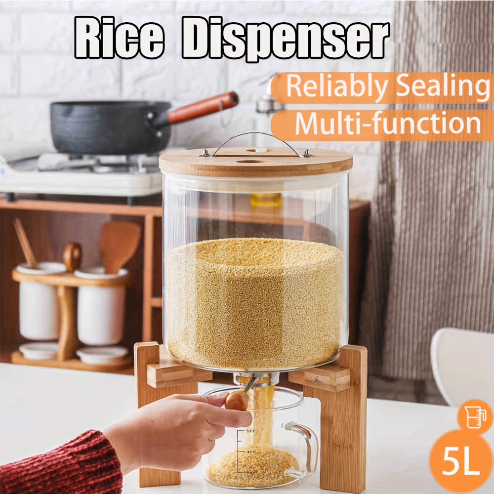 

1pc, Rice Dispenser, Rice Storage Container: Flour And Cereal Container With Airtight Lid And Wooden Stand, Glass Food Storge Container For Kitchen Organization And Pantry Store (5l)