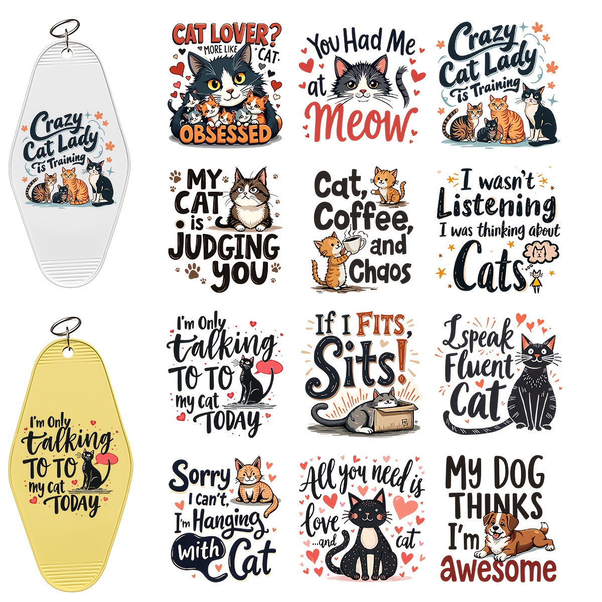 TEMU 72pcs Cat Theme Keychain Transfer - Vibrant, Waterproof Uv Dtf Transfer And Floral Designs For Crafts, Keychain Additions And Office Supplies,