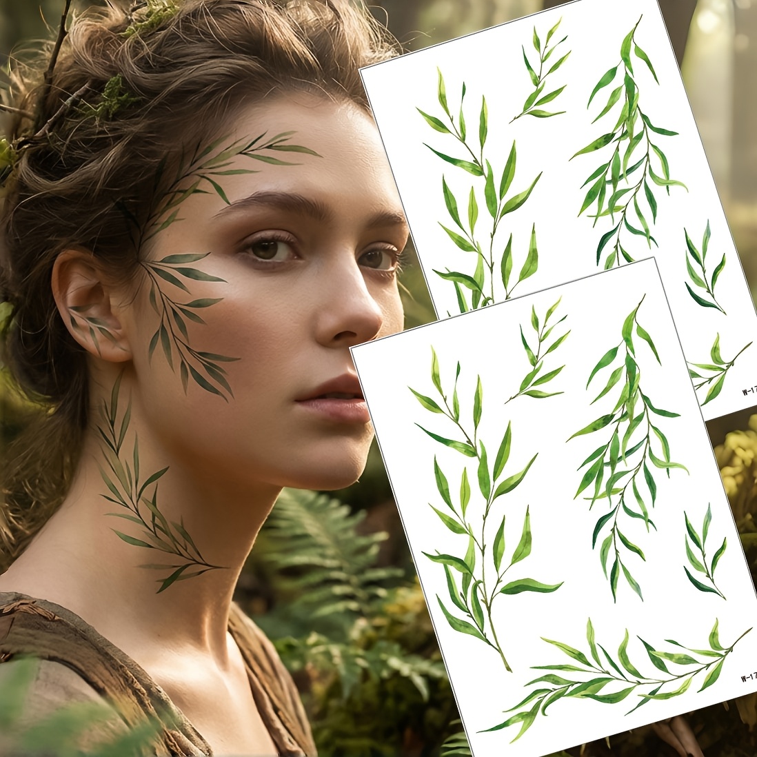 Image of 2 Sheets Green Vine Temporary Tattoo Stickers, Fresh And Green Plant Leaf Simulation Temporary Tattoo Decals, Forest-themed Party Stage Tattoo Stickers