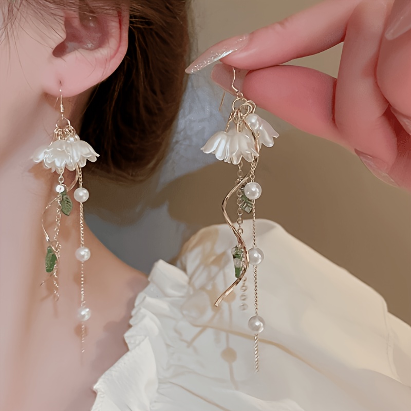 TEMU A Pair Of Bell Orchid Earrings With Tassel Long Design, Elegant Temperament, Versatile For Daily Use
