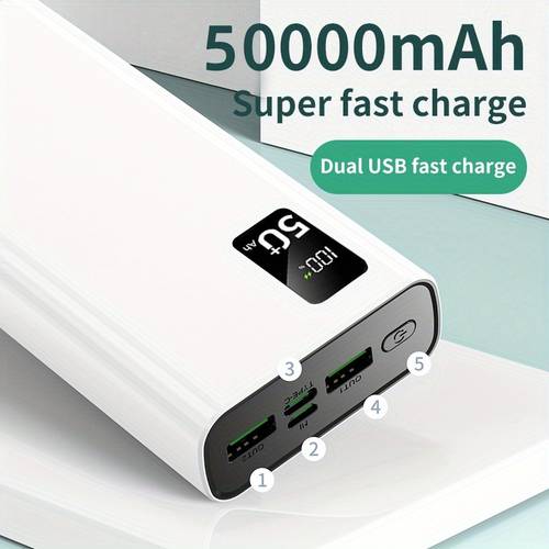 50000mah portable power bank 22 5w super fast charge dual usb output type c micro interface input led display suitable for iphone digital electronic devices mobile phone emergency backup battery pack gift