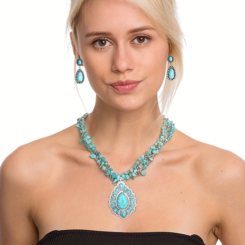 Boho Jewelry Set For Women Vintage Silverplated Necklace & Earrings