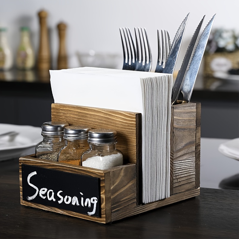 

Solid Wood Napkin Dispenser With Multi-purpose Storage Rack - Tabletop Tissue Holder And Cutlery Organizer For Restaurant Seasoning - Durable And Versatile Wooden Design