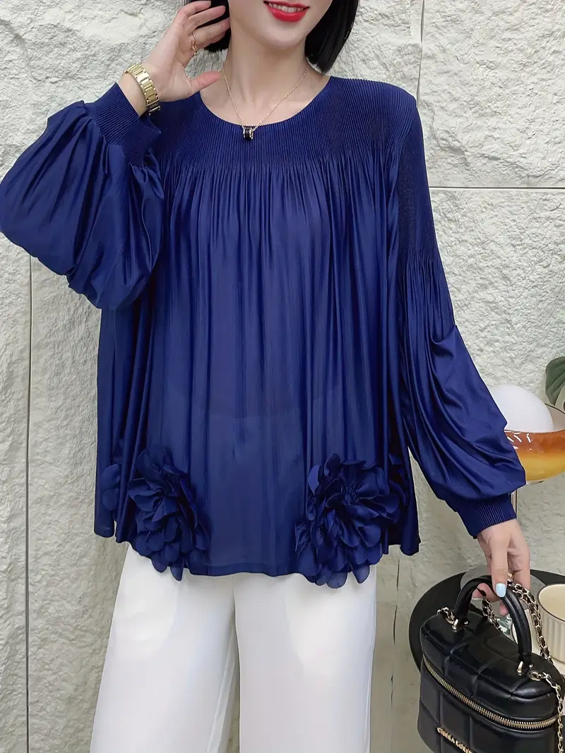 spring new stylish floral round neck pleated blouse trendy loose fit that   and conceals blue 2