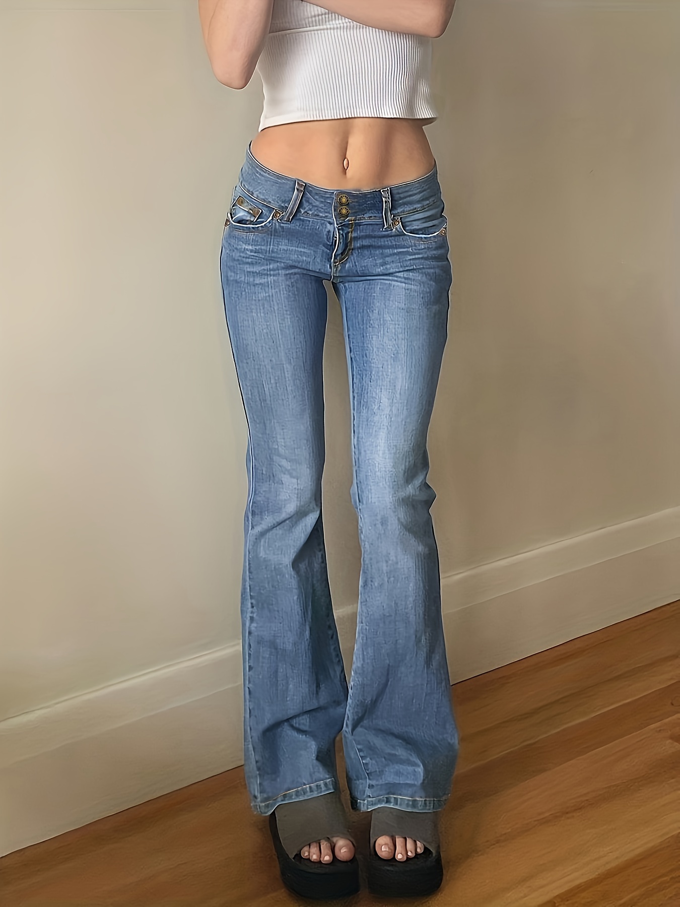 Women Low Rise Flare Pants,Aesthetic Vintage Y2K Black Bootcut  Leggings,Straight Leg Stretch Denimnb Jeans with Pocket