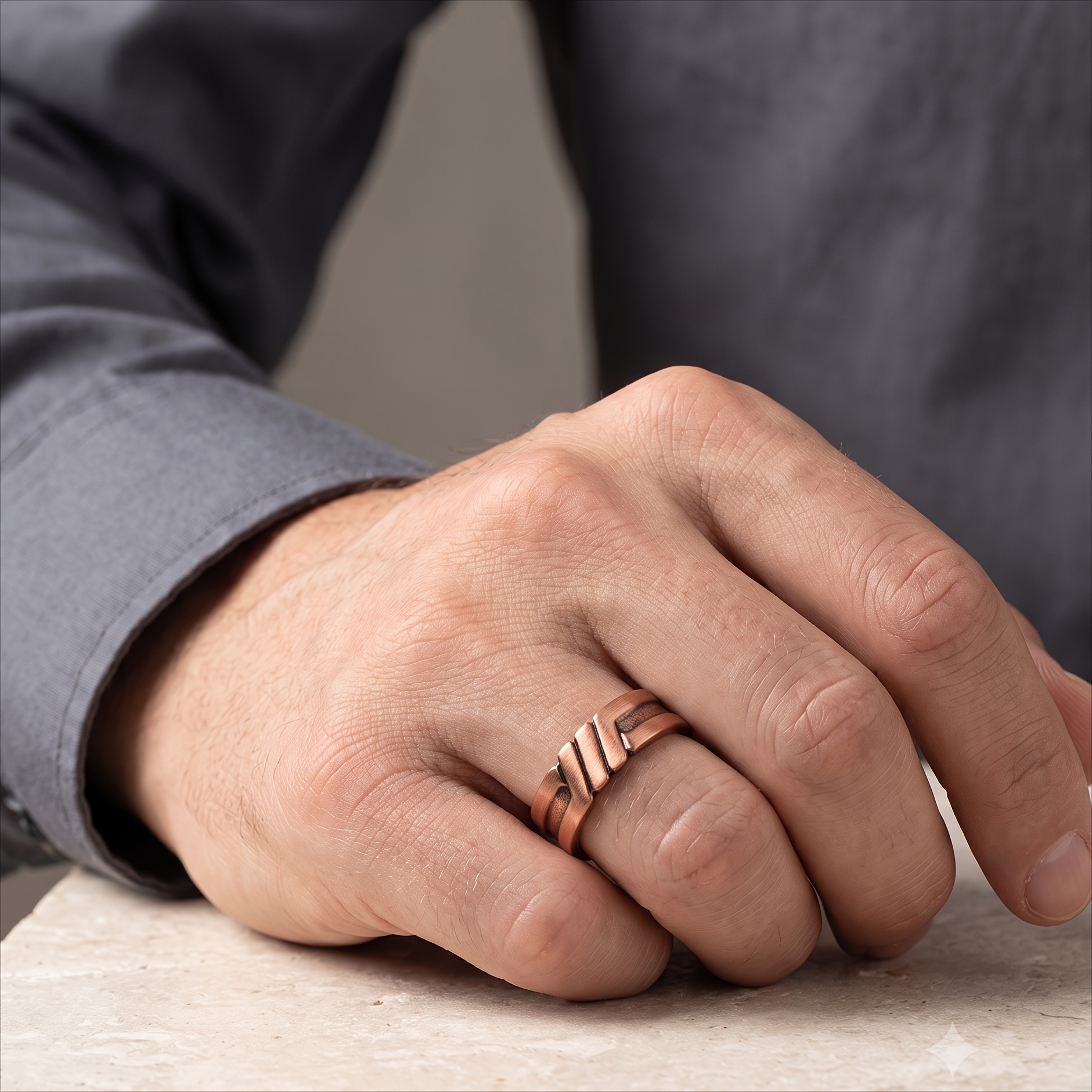 Copper Open Ring with Vintage Geometric Design