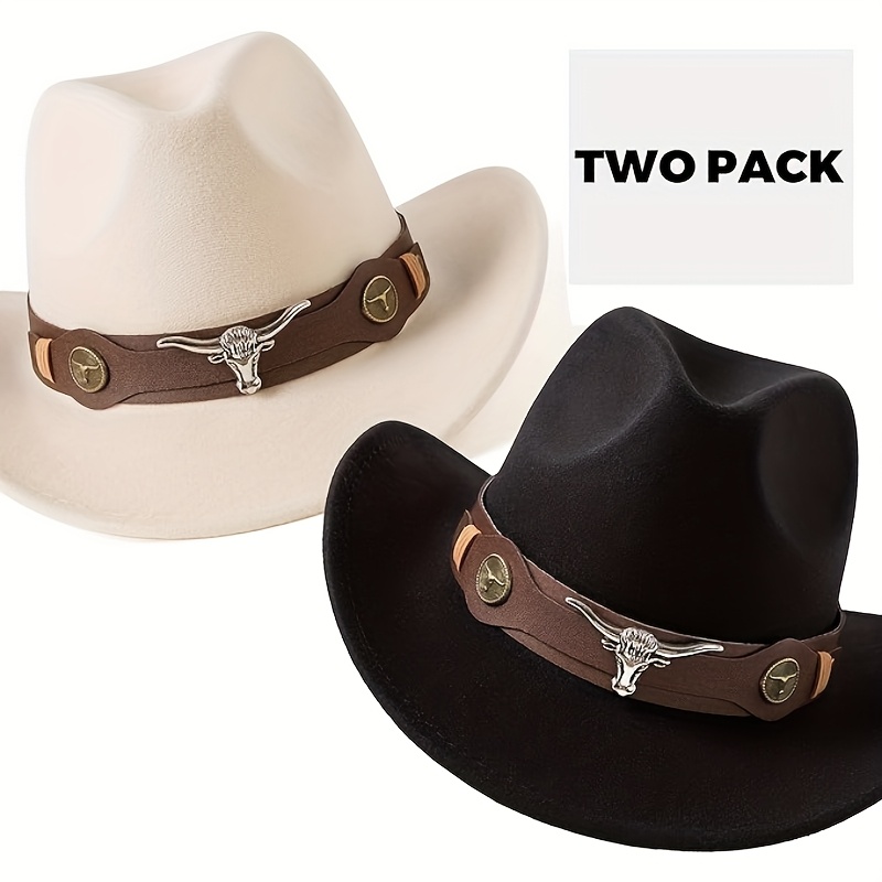 TEMU 2pcs Fashionable Lightweight Western Cowboy Hats - Classic Wide Brim Felt Hats With Pattern, Beige And Brown, Perfect For Men And Women At