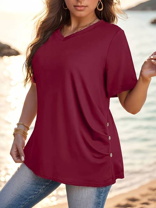 womens plus size neck casual t shirt short sleeve polyester button up knit fabric top with flared hem casual beachwear casualwear polyester fabric